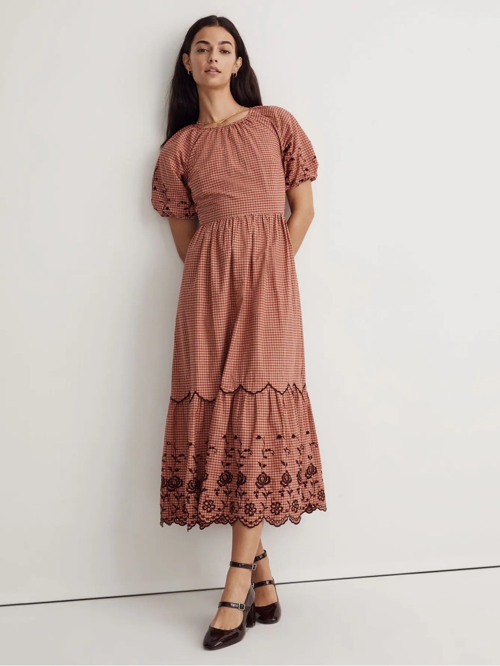 Madewell NWOT Red Gingham Embroidered Puff Sleeve Bow Back Midi Dress Size 10